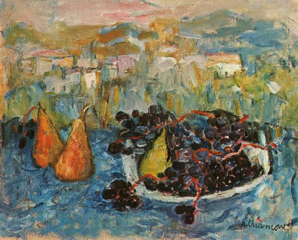 Uva e pere sul davanzale, 1957, olio, cm 40x50, Napoli collezione avv. De Martino, esposta personale Galleria Mediterranea, Napoli 1958